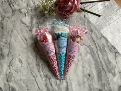 Pink and Blue sweet cones reading Thank you for being our flower girl/pageboy/bridesmaid